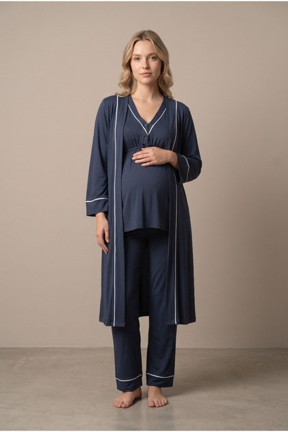Women's Indigo New Season 3-Piece Maternity Pajama Set with Nursing Features and Pajamas with Piping