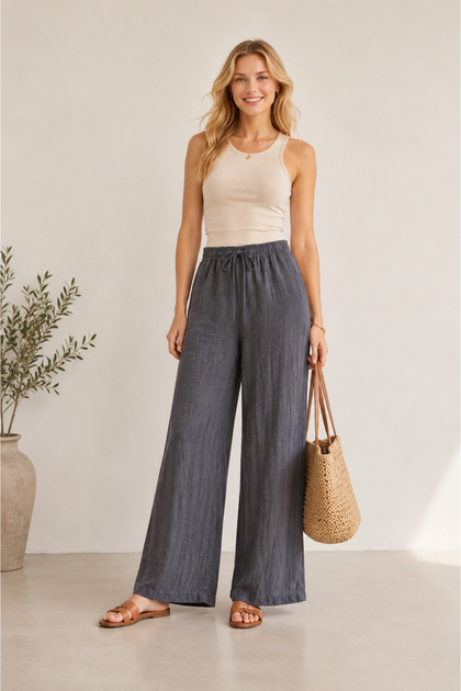 Women's Gray Belted Elastic Waist Comfortable Cut Palazzo Linen Trousers