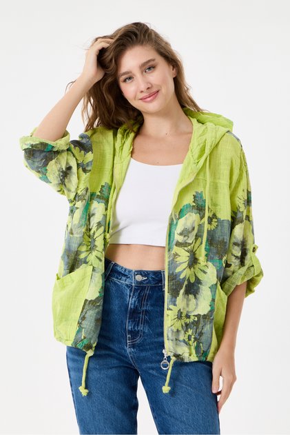 Women's Italian Floral Patterned Zippered Front Hooded Foldable Long Sleeve Blouse 38 - 46 Size