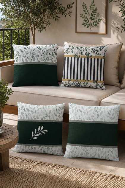 Green Striped Branches Patterned 4-Piece Throw Pillow Cover Set