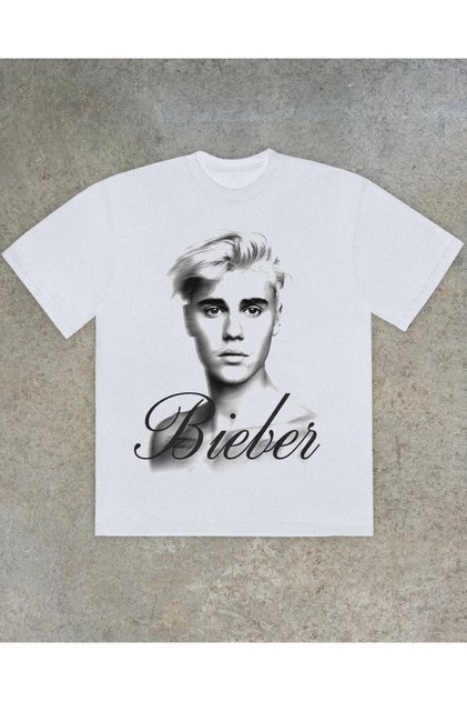 Justin Bieber Portrait Printed White Oversize T-Shirt Unisex 100% Cotton Crew Neck T-Shirt