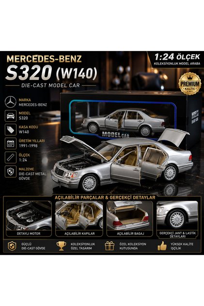 1:24 Mercedes-Benz S320 W140 Die-Cast Model Araba Metal Gövde Açılabilir Kapılar Kaput ve Bagaj Koleksiyonluk Klasik Sedan