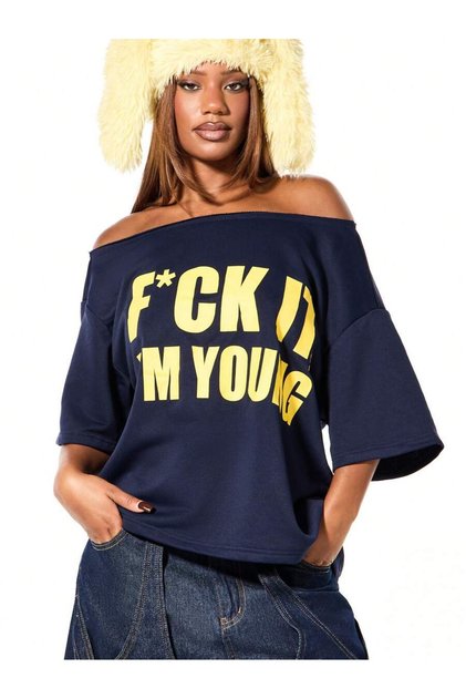 Women's I Am Young Printed Boat Neck Off Shoulder 100% Cotton T-Shirt