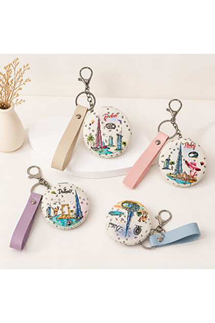 1 landscape portable folding small round mirror with hand rope key chain portable cosmetic mirror (random color, random pattern delivery) M06