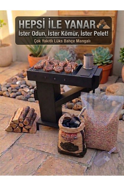 Bahçe Tipi Mangal Soba - Hem Pelet Hem Odun Yanan Özel Sac Izgaralı Siyah Metal Soba Mangal