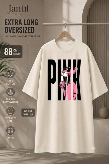 Crew Neck Pink Panther Written Extra Long Oversize Tunic T-Shirt Short Sleeve