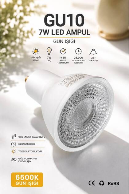 GU10 AMPUL || GÜNIŞIĞI 7 W LED AMPUL || 500 LÜMEN || KELVİN 6500 K-3200 K || Konik Işık Yedek Avize Ampul Spot Avize Ampul GU10 Avize Yedek Ampul Spot Avize Modelleri Ampulü Spot Ampul