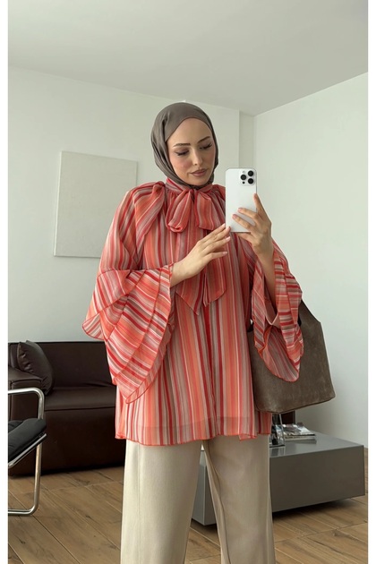 Flounced Sleeves Chiffon Scarf Lined Summer Blouse