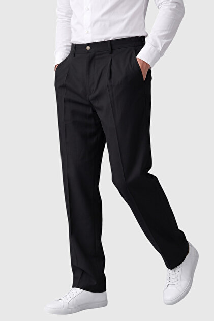 Black Men's Comfortable Fit Single Pleated Fabric Trousers with Elastic Sides, Flexible Smart Casual Pants 0970