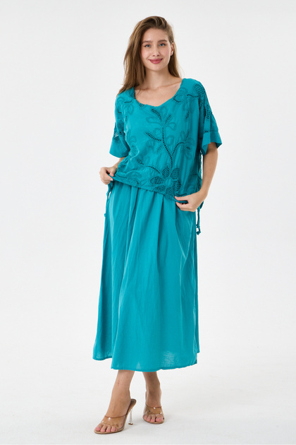 Turquoise Italian Floral Lace Long Dress Size 40 - 48