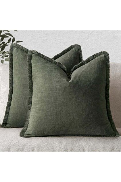 2 Packs Decorative Linen Fringe Throw Pillow Covers 45x45CM Cozy Boho Farmhouse Cushion Cover with Tassels Soft Accent Pillowcase for Couch Chair Sofa Bed Living Room Home Decor,18x18Inch Gree