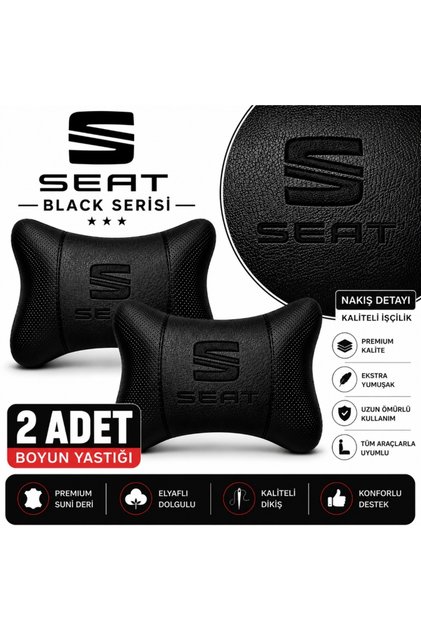 Seat Black Serisi 2 Adet Araç Boyun Yastığı Siyah Premium Suni Deri Elyaf Dolgulu Oto Boyun Desteği