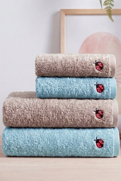 Lena 4-Piece 100% Cotton Bamboo Embroidered Hand - Face - Head / Kitchen Towel Set (2 Pieces 50X90 cm - 2 Pieces 30X50 cm) | Mother and Daughter Dowry Towel Set | Premium, Soft, Absorbent, and Durable