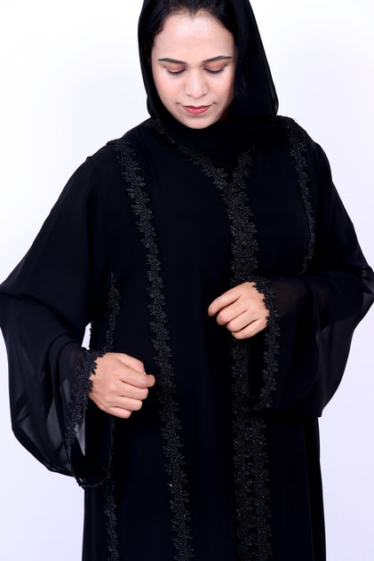 Elegant Black Chiffon Embroidered Lace Abaya