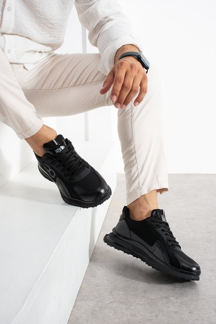 Apollon Men's Black Lace-Up Thick Sole Knitwear Mesh Detailed Casual Sneaker Sports Shoes