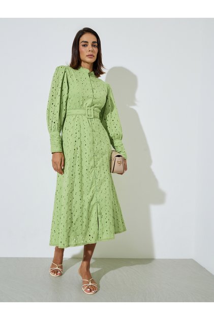 Green Cotton Schiffli Belted Midi Dress