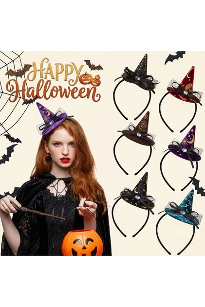 Halloween Cadı Şapkalı Saç Tacı - Karışık Renkli Tül Detaylı Cadılar Bayramı Parti Tacı