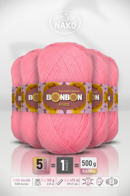 Crystal • Rose Pink (98239) - 5-Pack X 100Gr/475M - Fine Yarn Hand Knitting Thread - Shawl Blouse Yarn