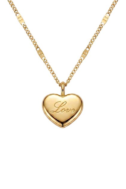Colier Pure Love Auriu, Oțel Inoxidabil, Placat cu Aur 18K, Pandantiv Inima Gravat "Love", Lungime: 45 cm