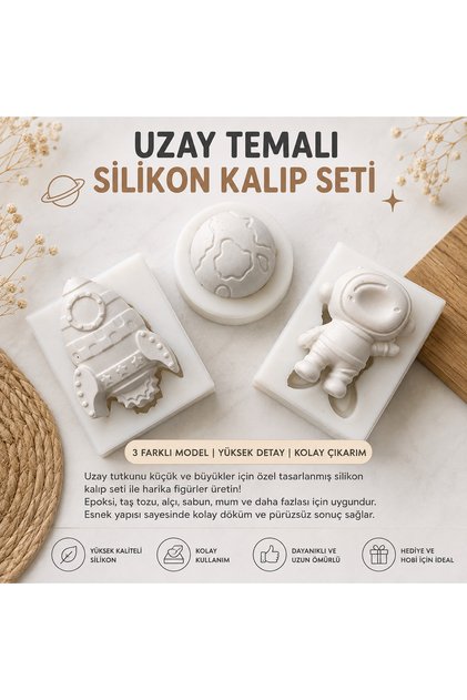 Uzay Temalı Silikon Kalıp Seti – Astronot, Roket ve Gezegen | Epoksi, Taş Tozu, Alçı, Mum, Sabun Kalıbı