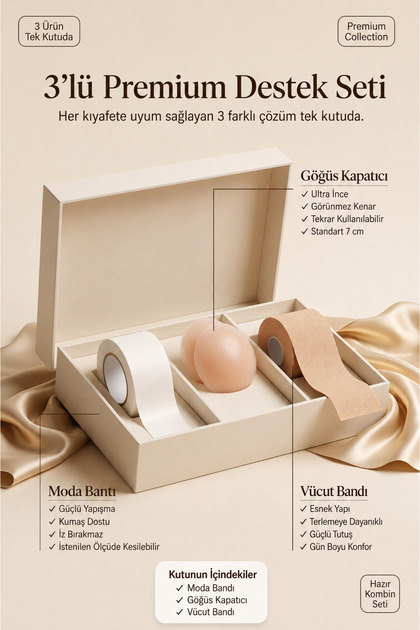 3'lü Görünmez Moda Destek Seti | Moda Bandı + Göğüs Kapatıcı + Vücut Bantı