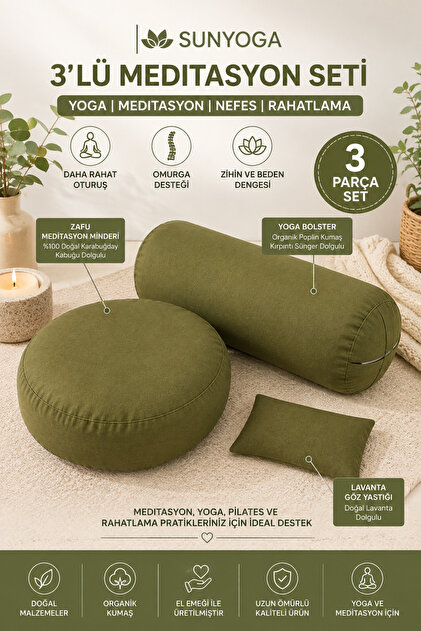 Meditasyon Minderi Seti Zafu Karabuğday Dolgulu Yoga Bolster Organik Poplin Kumaş Lavanta Göz Yastığı 3'lü Yoga Meditasyon Seti