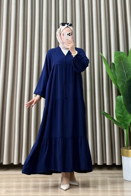 Almond Dress Viscose Fabric Women's Navy Blue Openable Button Detailed Comfortable Cut Hijab Dress