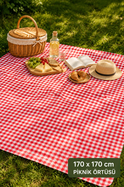 170X170 cm Checkered Picnic Mat - Foldable Multi-Purpose Camping, Picnic and Beach Mat Red/White