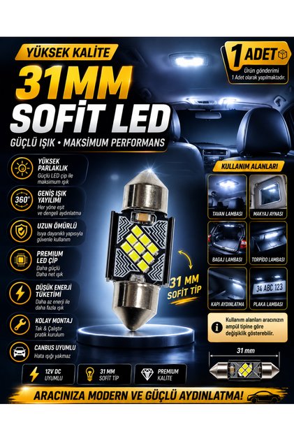 31MM Sofit LED Ampul 1 Adet 12V Canbus Beyaz Işık Tavan Bagaj Torpido Plaka İç Aydınlatma