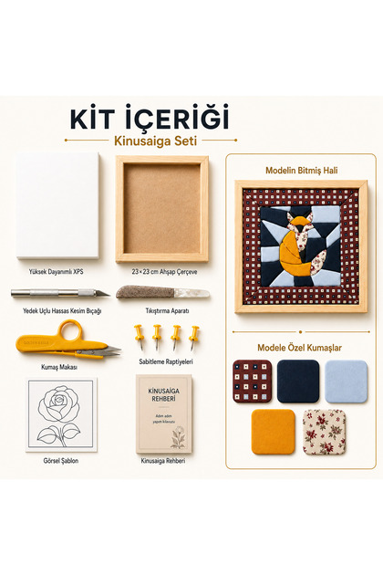 Origami Tilki Kinusaiga Kumaş Tablo Hobi Kiti, Çerçeveli Set 23x23 cm