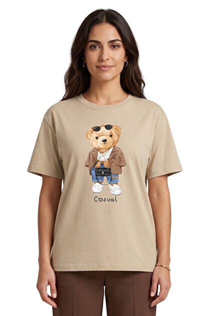Women's Stone Jacketed Teddy Bear Printed 100% Cotton Comfortable Fit T-Shirt