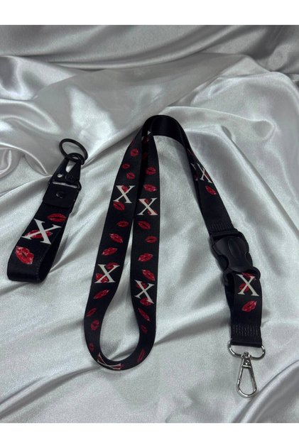 X Black Kiss Pattern Keychain and Neck Strap Set Quality Auto - Moto Accessory