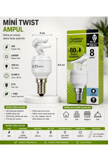 Mini Tassarruf Ampul E14 duy uyumlu
