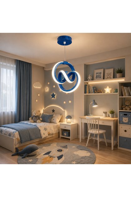 Kordelya Mavi Modern Ultra Beyaz Ledli Sarkık Ledli Avize