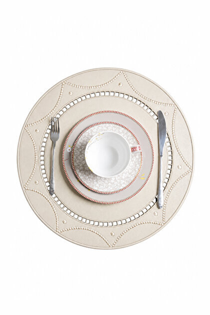 Embroidered Leather American Service Set of 2 Double-Sided Round Placemats 42X42 cm Bianca Beige