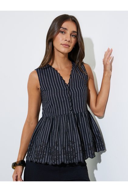 Black Striped Embroidered Sleeveless Peplum Top