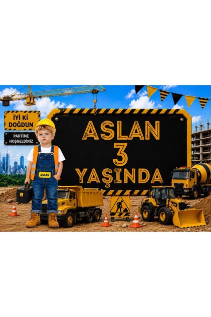 İnşaat İş Makinesi Konsept Doğum Günü Afiş-100x70 cm