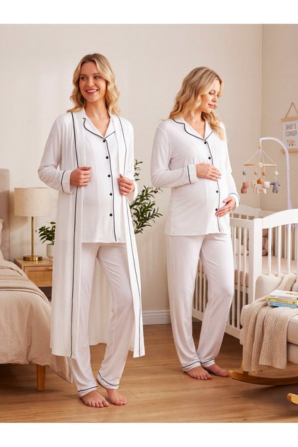 New Season Ecru Long Dressing Gown with Buttons All Over, Special Design Long Sleeve 100% Cotton Maternity Dressing Gown Pajama Set