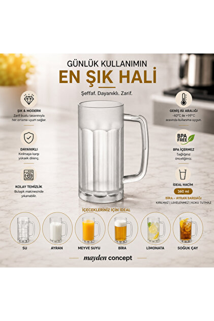 360 ml Kırılmaz Buz Görünümlü Kulplu Bira Bardağı – Şeffaf Polikarbon, Kalın Tabanlı Sert Plastik Bardak - Kafe, Bar, Otel & Organizasyon İçin Kullanıma Uygun
