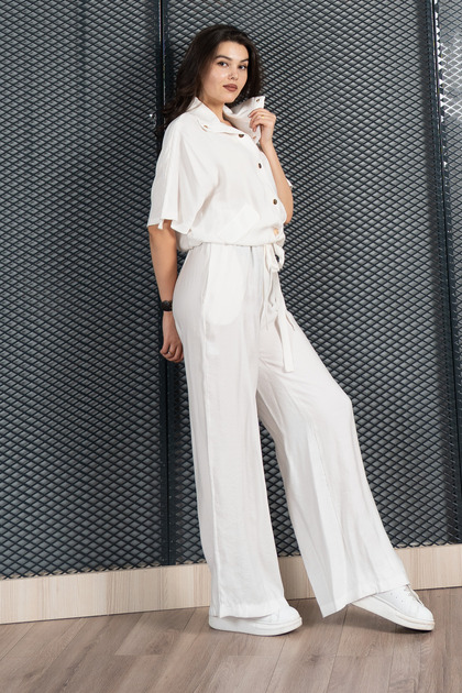 Women's Summer Ecru Trendy Suit with Elastic Waist Tunnel and Elastic Blouse and Pocketed Trousers 1196