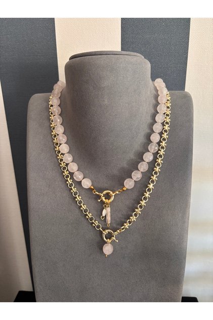 Pembe kuvars doğal taş kolye set