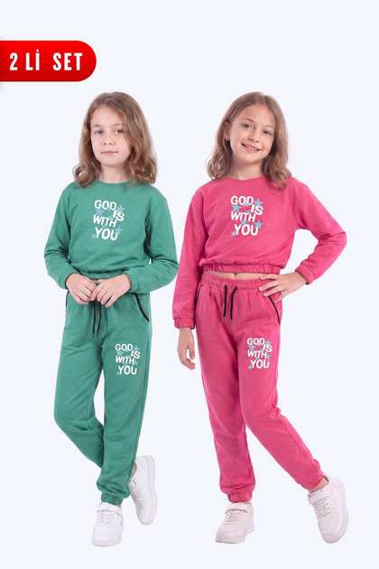 2-Piece Girls' Crew Neck Short Cut Printed Double Pocket 4-Piece Tracksuit Set
