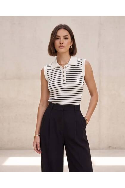 Women's Striped Polo Collar Buttoned Sleeveless Knitwear Blouse