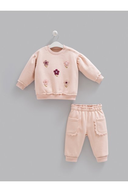 Baby Girl Set Floral Embroidered 3 Yarn Thread Embroidered Cotton Winter Top and Bottom Set