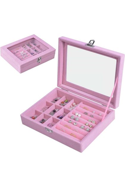 Pink Jewelry Organizer Box with Mirror, Multiple Compartments and Ring Slots, Velvet Jewelry Storage Case for Earrings, Rings, Bracelets, Necklaces and Accessories, Elegant Portable Displ