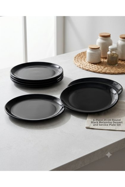 6-Piece Black Melamine Serving Plate Set - 25 cm Luxury Breakfast, Appetizer, and Dessert Plate