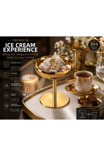Gold Stainless Steel Footed Ice Cream Bowl Sweet Delight and Fruit Presentation Bowl 8.5 cm