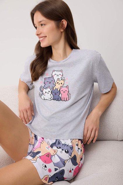 Set de pijamale tricotate moale din lycra, cu model de pisică, amestec de bumbac gri melanj THMSS26PT00126