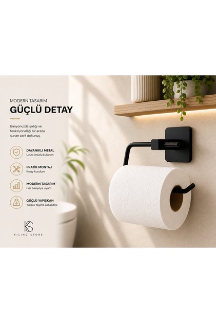 Kare Yapışkanlı Siyah Açık Tuvalet Kağıtlığı Wc Peçete Kağıtlık Tutucu Klnç0002