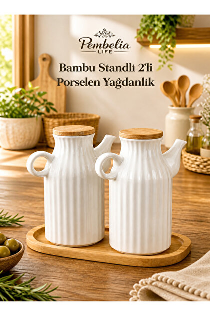Pembelia Life 2 Adet 1 Lt Porselen Yağdanlık Ve Bambu Altlık Seti